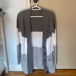 GRAY AND WHITE STRIPE CARDIGAN